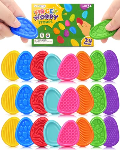 LESONG Fidget Toys Sensory Stone for Kids: 24 Pack Textured Worry Stones for Adults - Bulk Fidgets for Classroom Prizes Gooide Bag Stuffers - Quiet ADHD Tools for Autism Kids - Christmas Stocking Stuffers - Image 1