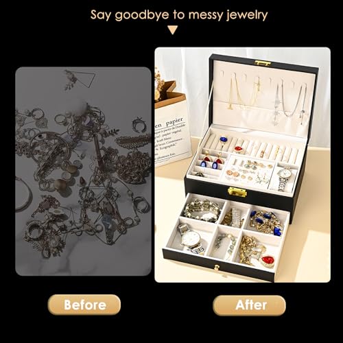 GUOER Jewelry Box for Women Girl Wife - Large PU Leather Jewelry Organizer Storage Case with Two Layers Display for Earrings Bracelets Rings Watches (Black) - Image 2