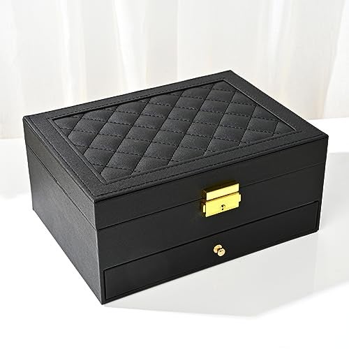 GUOER Jewelry Box for Women Girl Wife - Large PU Leather Jewelry Organizer Storage Case with Two Layers Display for Earrings Bracelets Rings Watches (Black) - Image 1
