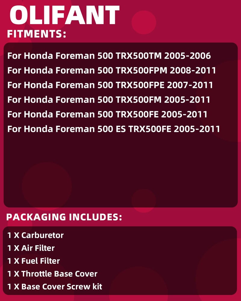 OLIFANT Carburetor For Honda Foreman 500 2005-2011 TRX500TM TRX500FPM TRX500FPE TRX500FM TRX500FE With Air Filter - Image 2