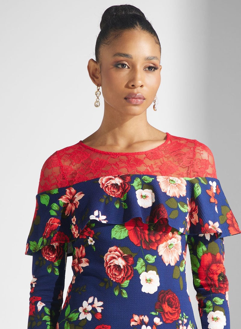 Printed Ruffle Sleeve Dress