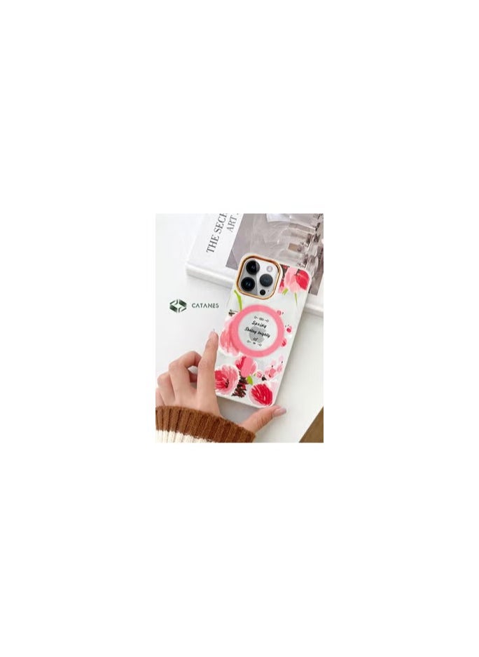 CATANES - Case for Apple iPhone 14 PRO MAX Floral Design Fashion Flower Compatible with MagSafe & Wireless Charging Cover PINK - Image 1
