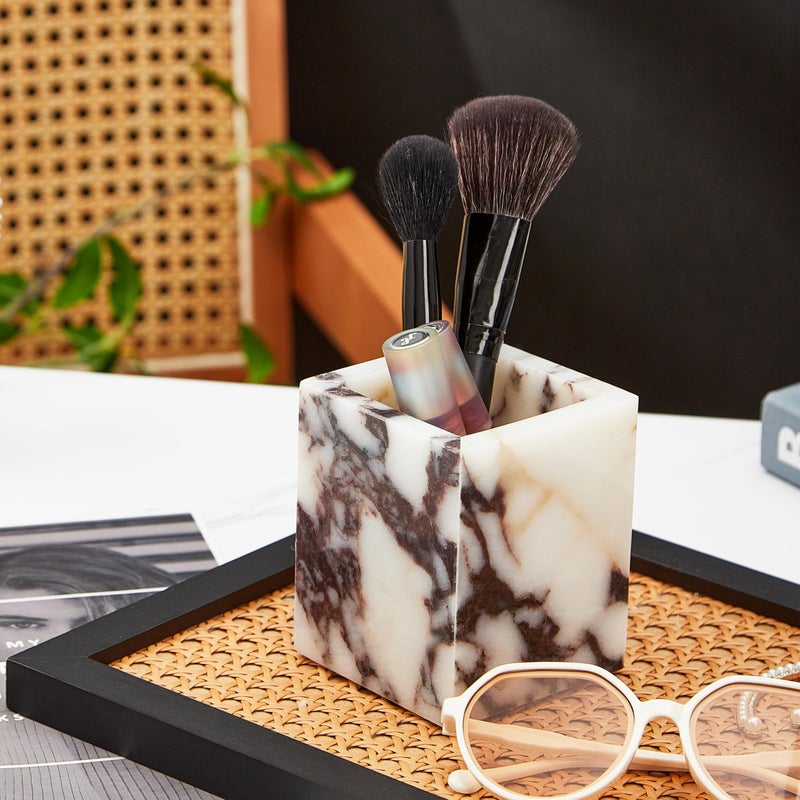 Denique Genuine Calacatta Viola Toothbrush Holders for Bathroom Natural Marble Makeup Brush Holder Countertop Organizer for Vanity Dresser
