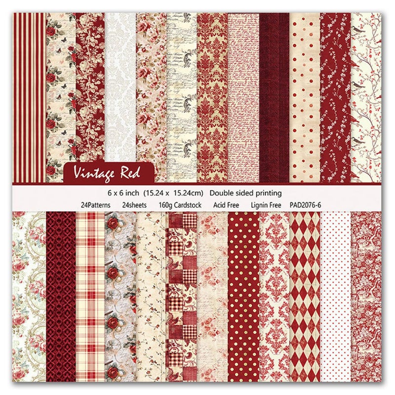 SKIONCE Vintage Red Scrapbook Paper, 6x6 Inch 24 Sheets Double-Sided Origami Decoupage Decorative Craft Paper for DIY Crafts, Card Making, Art Journaling - Image 1