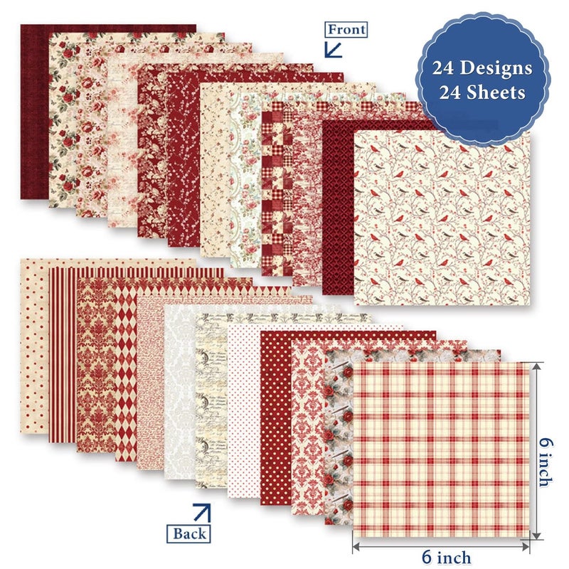 SKIONCE Vintage Red Scrapbook Paper, 6x6 Inch 24 Sheets Double-Sided Origami Decoupage Decorative Craft Paper for DIY Crafts, Card Making, Art Journaling - Image 2
