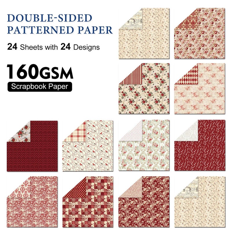 SKIONCE Vintage Red Scrapbook Paper, 6x6 Inch 24 Sheets Double-Sided Origami Decoupage Decorative Craft Paper for DIY Crafts, Card Making, Art Journaling - Image 4