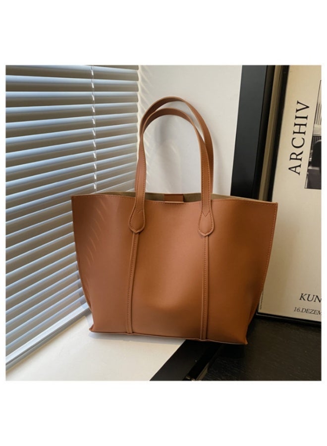 Women's Large Capacity High Quality Tote Bag with Shoulder Strap, Multi-pocket - Brown - Image 2