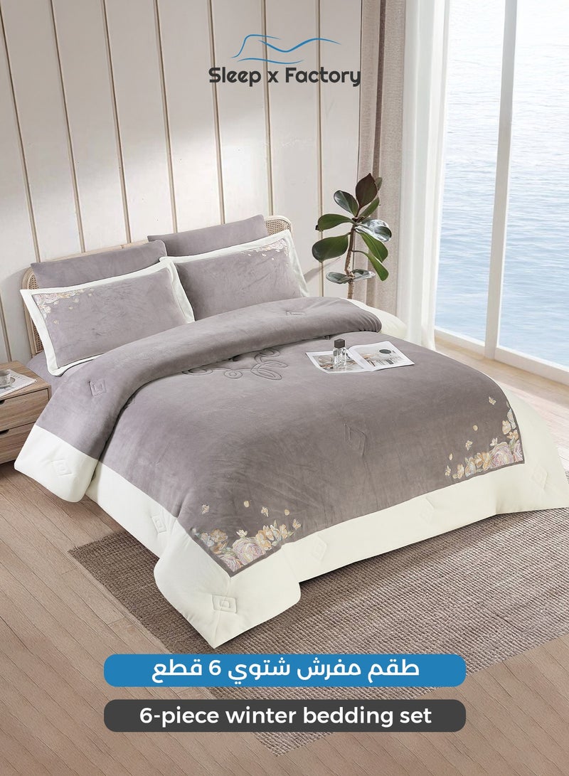 سليب × فاكتوري طقم مفرش شتوي مخمل مزخرف 6 قطع – مقاس كينج - Image 1