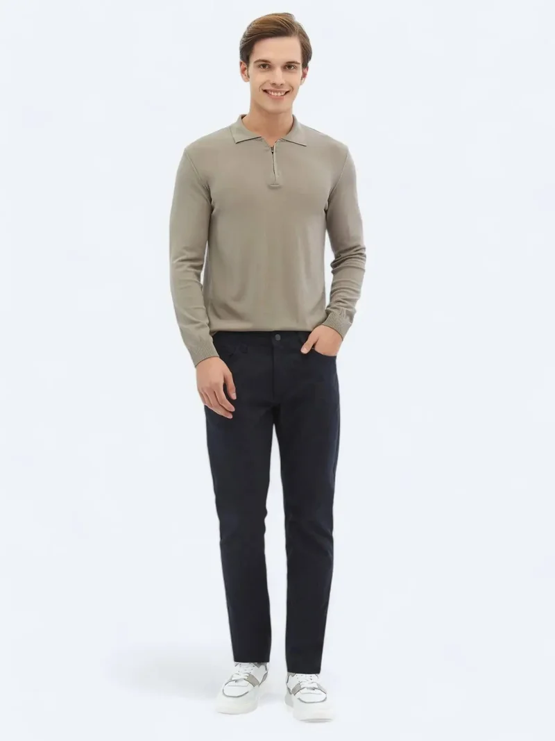 Kip Navy Blue Weaving Slim Fit Casual Cotton Blended Trousers