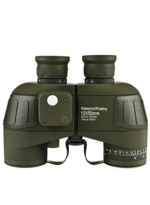 Binoculars 10×50, waterproof and moisture-resistant, with minimal internal light glare, equipped with a reticle scale and a range-finding compass.
