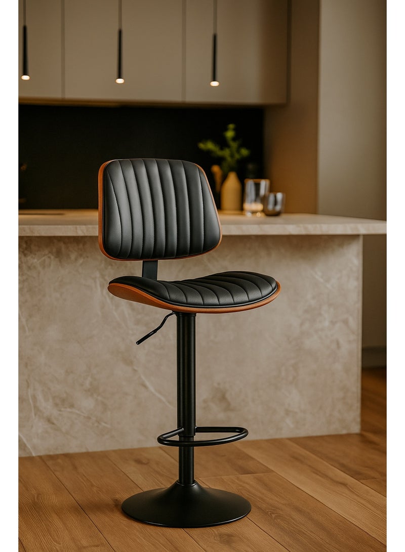 اي اف تي كرسي بار عصري قابل للتعديل مع مسند ظهر - مقعد مبطن من جلد البولي يوريثان، كرسي بار دوار مع مسند للقدمين، لون أسود وجوزي - Image 1