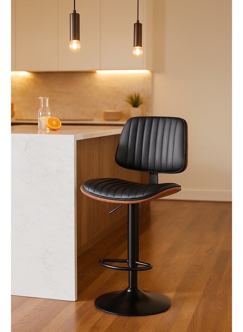 اي اف تي كرسي بار عصري قابل للتعديل مع مسند ظهر - مقعد مبطن من جلد البولي يوريثان، كرسي بار دوار مع مسند للقدمين، لون أسود وجوزي - Image 2