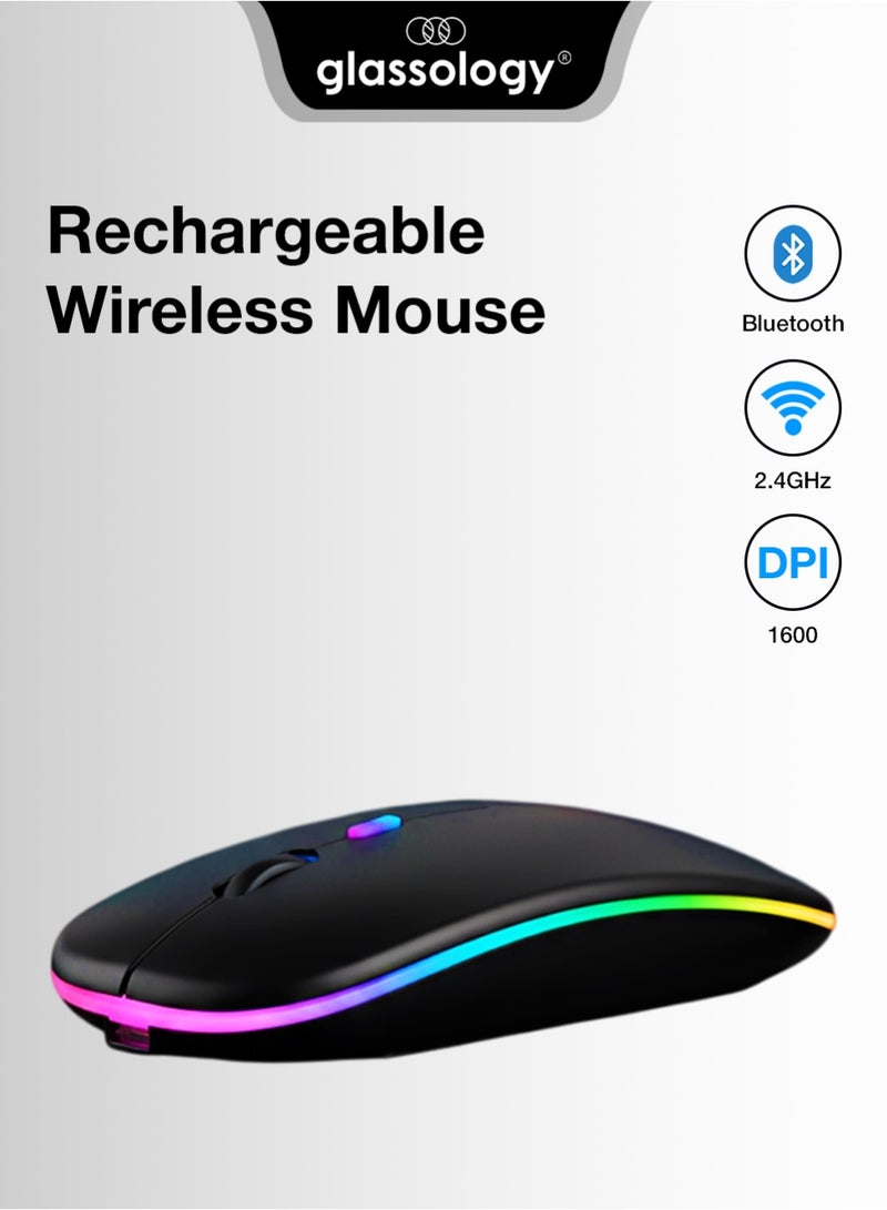 جلاسولوجي 2.4GHz Wireless Bluetooth Mouse Multi Device Dual Mode Slim Rechargeable Silent Click Buttons Wireless BT Mouse Adjustable DPI 800 1200 1600 Multicolor LED Lights Auto Sleep - Image 1