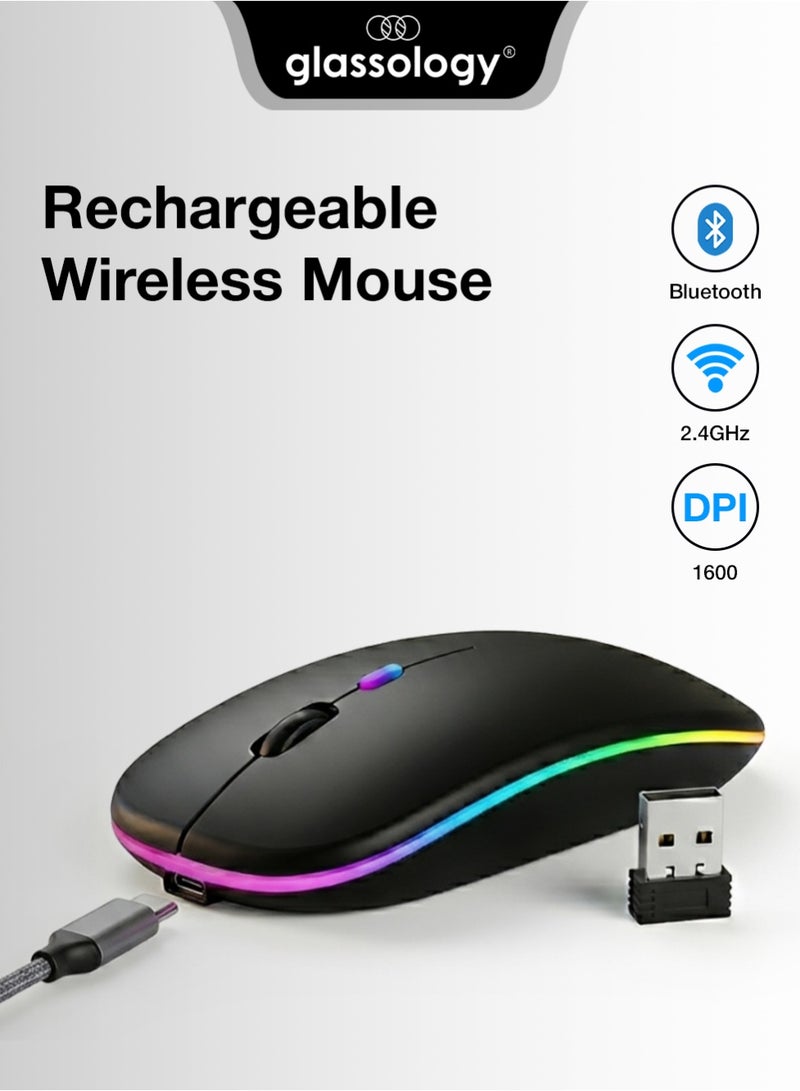 جلاسولوجي 2.4GHz Wireless Bluetooth Mouse Multi Device Dual Mode Slim Rechargeable Silent Click Buttons Wireless BT Mouse Adjustable DPI 800 1200 1600 Multicolor LED Lights Auto Sleep - Image 1