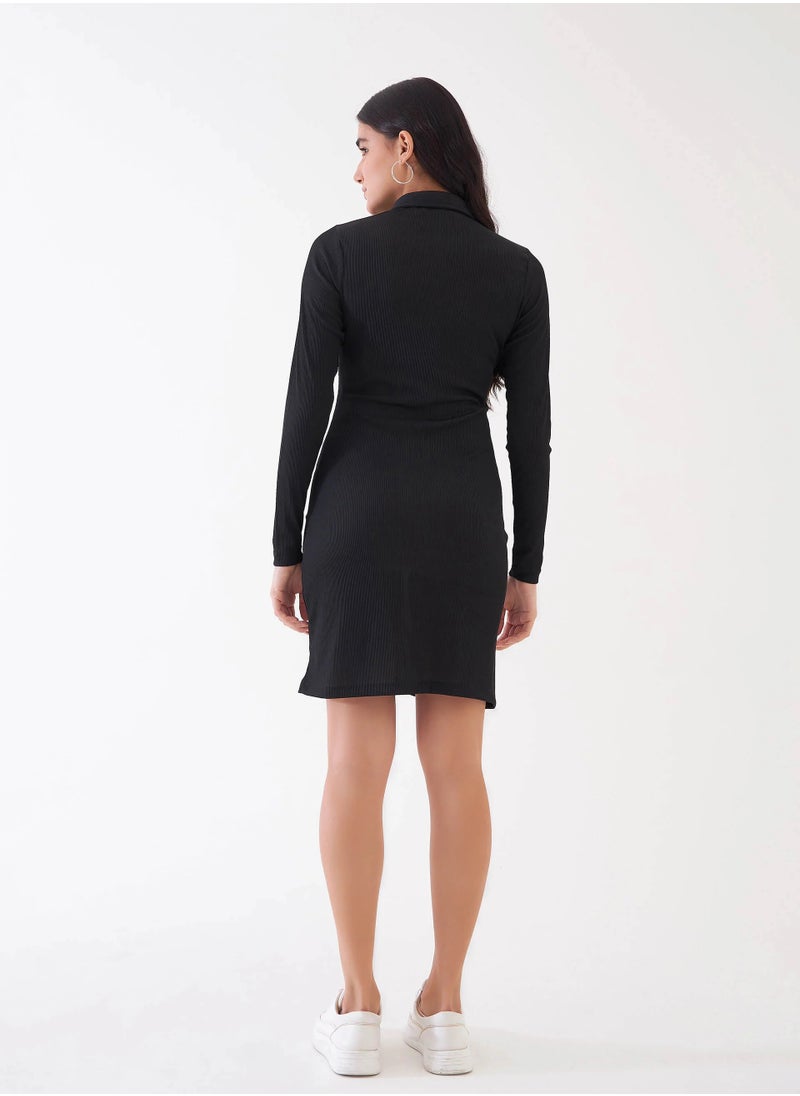 Salt Attire Women's Ink Black Rib Knit Dress - Collared Neckline, Ruched Front, Faux Button Detailing, Full-Length Sleeves, Above-the-Knee Length  - Image 4