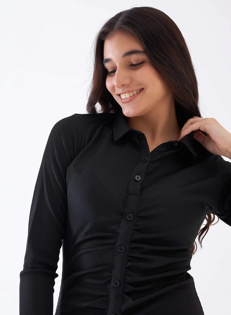 Salt Attire Women's Ink Black Rib Knit Dress - Collared Neckline, Ruched Front, Faux Button Detailing, Full-Length Sleeves, Above-the-Knee Length