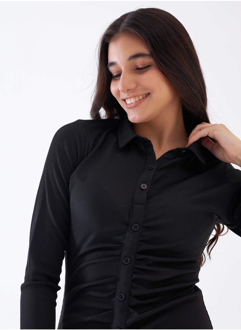 Salt Attire Women's Ink Black Rib Knit Dress - Collared Neckline, Ruched Front, Faux Button Detailing, Full-Length Sleeves, Above-the-Knee Length  - Image 5