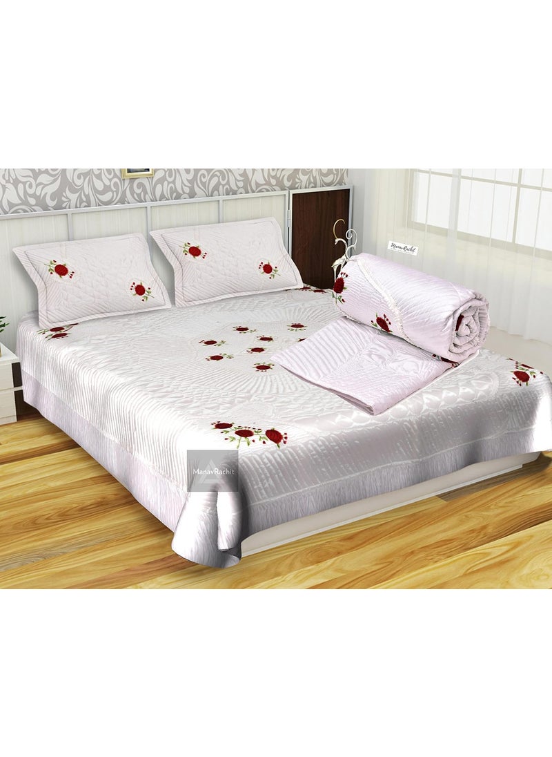 ManavRachit ManavRachit Satin Red Rose Floral Embroidery 310 TC King Size Wedding Bedding Set of 4pc1 Bedsheet 2 Pillow Covers 1AC Comforter for Home Living Room White 
