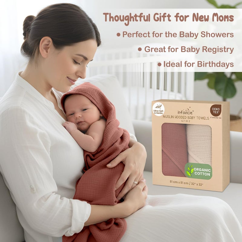 infancie Organic Cotton Muslin Baby Hooded Towels - 32x32 Inch, 2 Pack Newborn Bath Towels for Boys & Girls, Soft & Absorbent Bath Set (Rust/Ivory) - Image 3