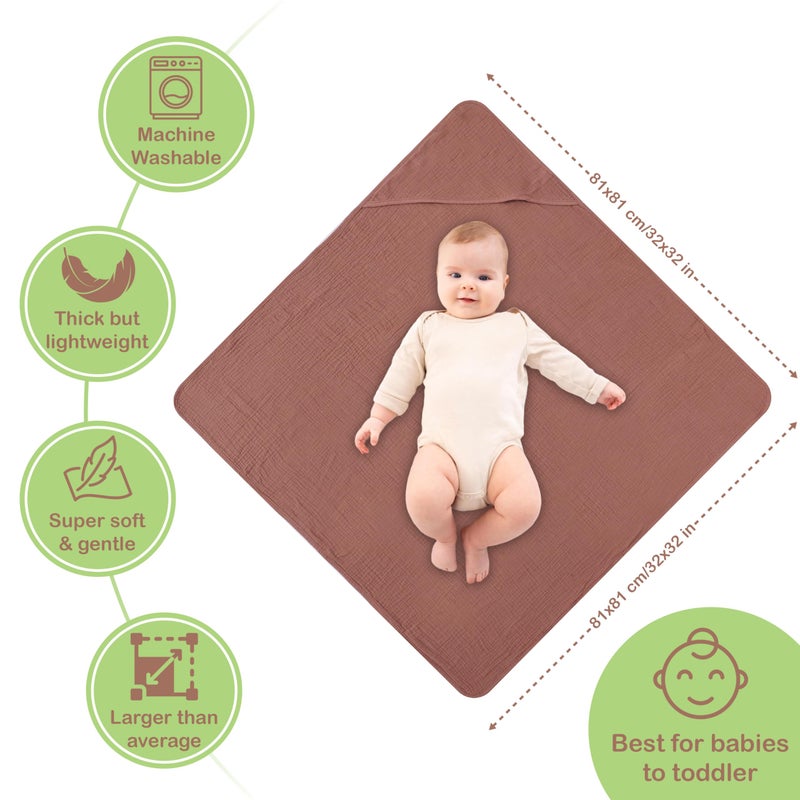infancie Organic Cotton Muslin Baby Hooded Towels - 32x32 Inch, 2 Pack Newborn Bath Towels for Boys & Girls, Soft & Absorbent Bath Set (Rust/Ivory) - Image 5