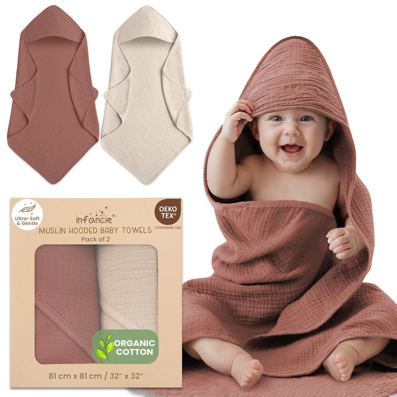 infancie Organic Cotton Muslin Baby Hooded Towels - 32x32 Inch, 2 Pack Newborn Bath Towels for Boys & Girls, Soft & Absorbent Bath Set (Rust/Ivory) - Image 1