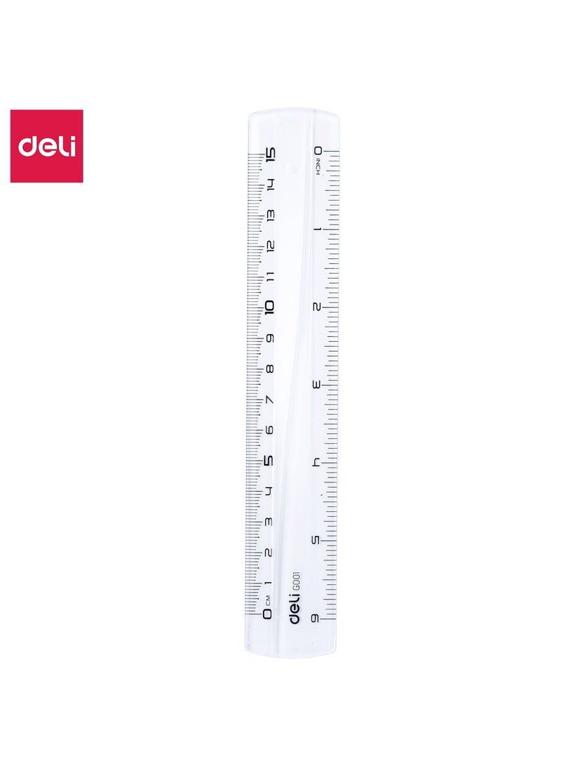 Deli EG00112 Ruler, 15cm (6 Inch) Transparent Plastic Measuring Tool – Ideal for School and Office Use - Image 1