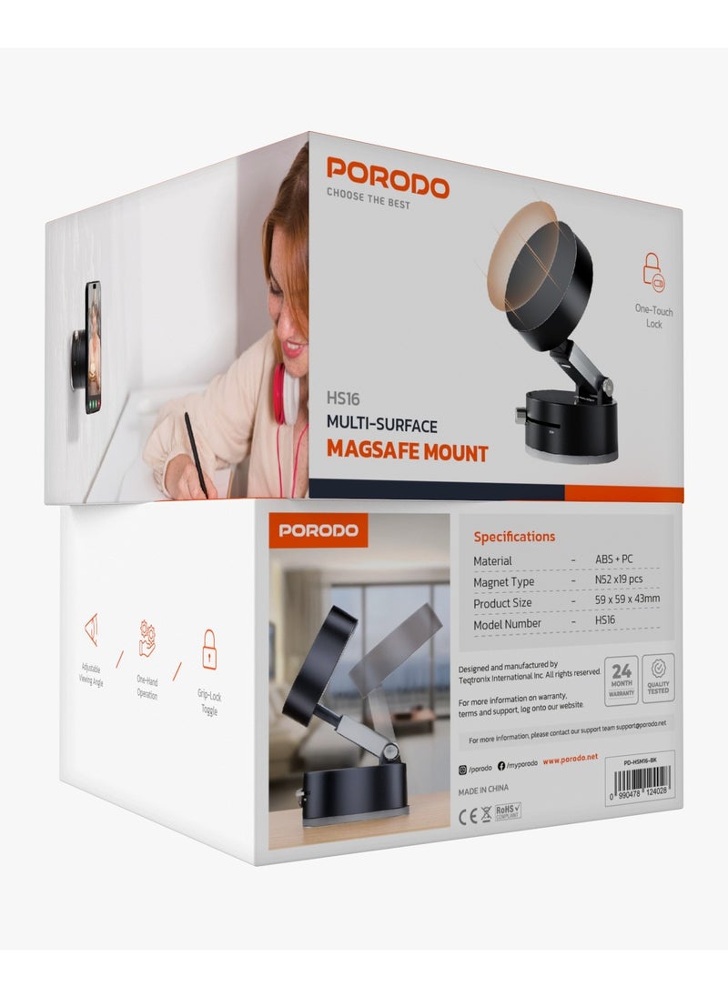 porodo - Multi-Surface MagSafe Mount / 19x N52 Magnets / Adjustable Viewing Angle / One-Hand Operation / ABS + PC Material / One-Touch Lock / Grip-Lock Toggle / MagSafe Compatible - Black - Image 1