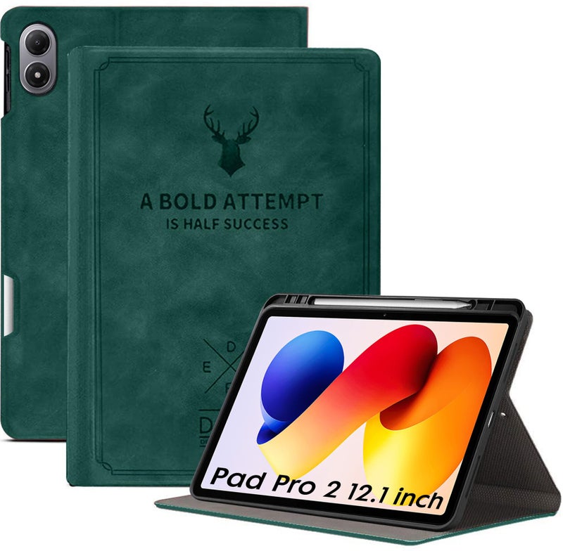 Robustrion Cover for Redmi Pad 2 Pro 12.1 inch Cover Case with Pencil Holder, Deer Flip Cover Case for Redmi Pad 2 Pro 5G Tablet Cover [Auto Sleep Wake Support] - Dark Green - Image 1