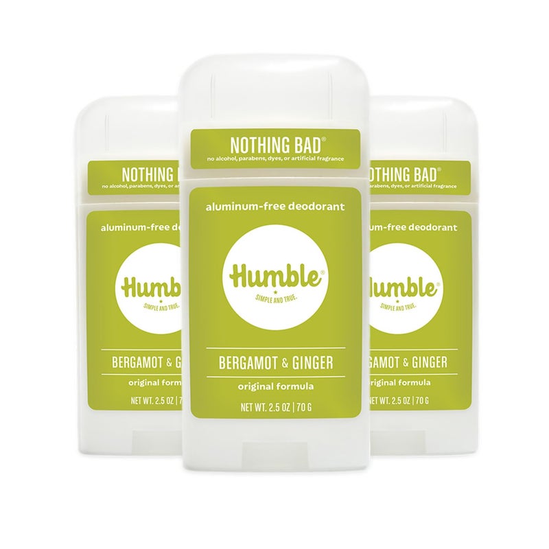 HUMBLE BRANDS Original Formula Aluminum-free Deodorant. Long Lasting Odor Control with Baking Soda and Essential Oils, Bergamot and Ginger, Pack of 3