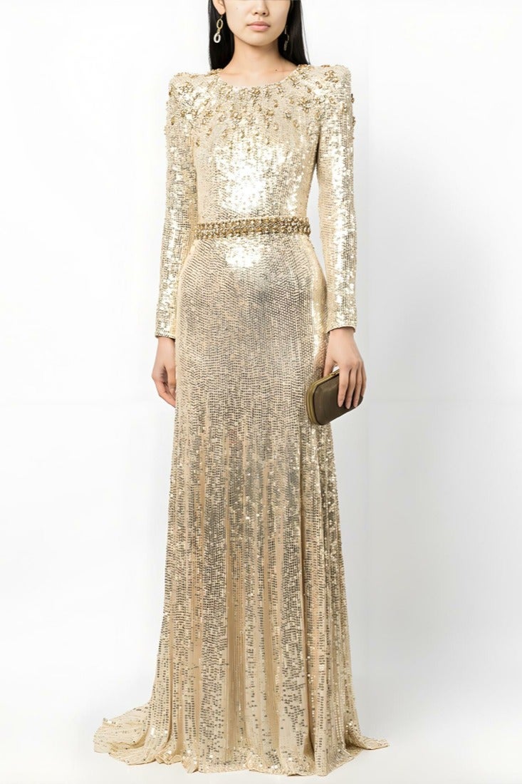 إسكدنيا المرأة بائنات لامعة فاخرة الراينست ديكور حفلة المساء الزفاف ماكسي فستان فستان الذهب - Image 1
