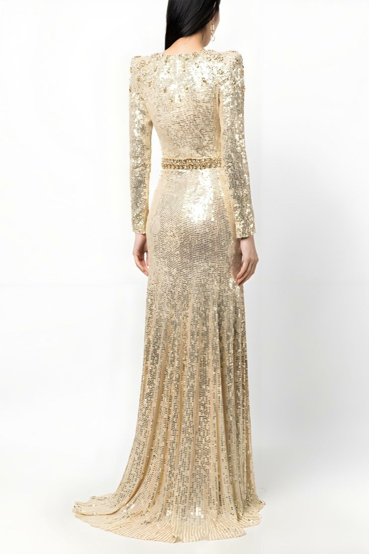 إسكدنيا المرأة بائنات لامعة فاخرة الراينست ديكور حفلة المساء الزفاف ماكسي فستان فستان الذهب - Image 2