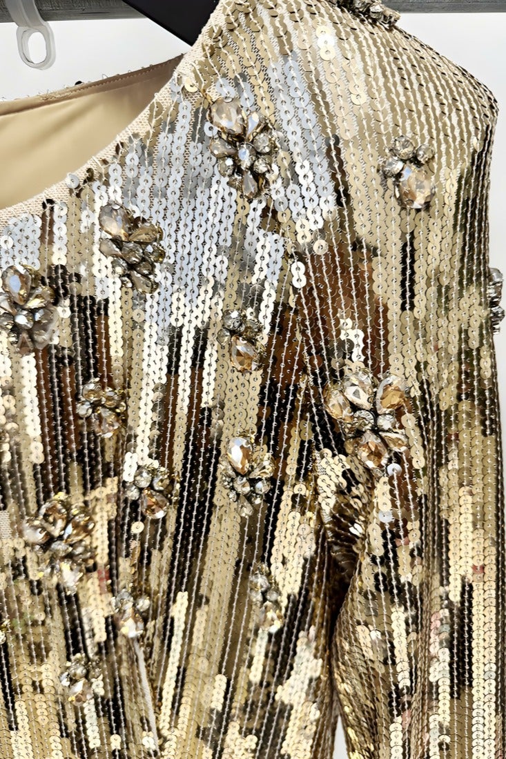 إسكدنيا المرأة بائنات لامعة فاخرة الراينست ديكور حفلة المساء الزفاف ماكسي فستان فستان الذهب - Image 3