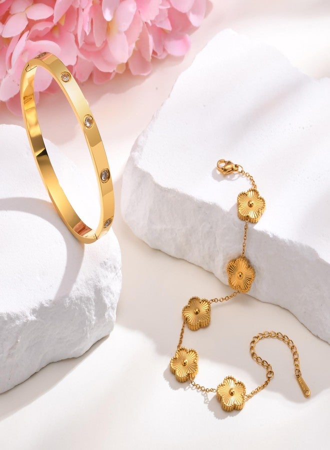 MPRAINBOW Womens Stackable Gold Bracelets Jewelry, 18K Gold Plated Floral Bracelet,Bangles Non Tarnish, Gold Cubic Zirconia Chain Set Trendy Gift,Christmas Valentines Birthday Gifts for Girlfriend - Image 3