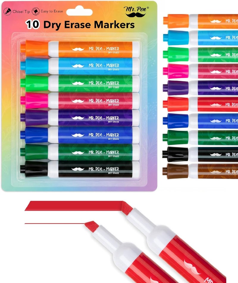 Mr. Pen- Dry Erase Markers, 10 Pack, Assorted Colors, Low Odor Ink, Chisel Tip, White Board Markers Dry Erase, Ideal for Classroom, Back to School Supplies, Teachers, Office, Whiteboard & Home | Chisel Tip, White Board Markers Dry Erase, Ideal for Classroom, Back to School Supplies, Teachers, Office, Whiteboard & Home - Image 1