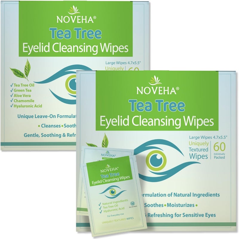 NOVEHA 120Pcs Tea Tree Oil Eyelid  Lash Wipes With Hyaluronic Acid Green Tea  Chamomile For Blepharitis  Itchy Eyes Individually Wrapped Eyelash Wipes Natural Makeup Remover  Cleanser 2 Pack