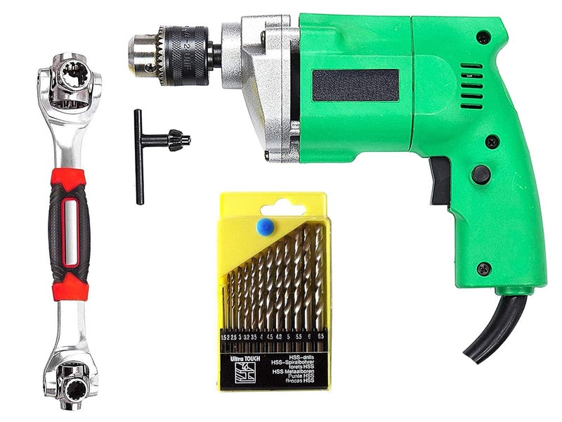 Shopper52 10mm Powerful Electric Drill Machine with 13Pcs Drill Bit Set and 48in1 Wrench Spanner Set - Image 1