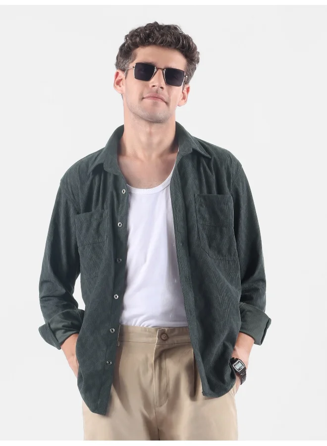 Beyoung Grey Lazer Cut Stripe Textured Corduroy Shirt