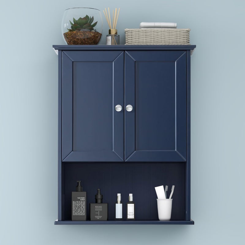 VANIRROR Bathroom Wall Cabinet Navy Blue Over Toilet Storage Cabinets 24x30 in Above Toilet Wood Medicine Cabinets Wall Mounted Bathroom Cabinet with 2 Door  Adjustable Shelf