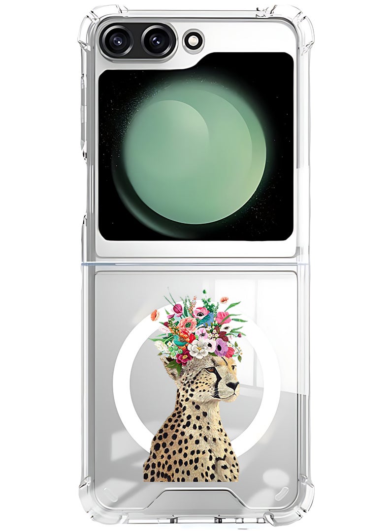 Theodor Magnetic Case for Samsung Galaxy Z Flip 5 Compatible with MagSafe Wireless Charging, Shockproof Phone Bumper Cover Cheetah Flower - Image 1