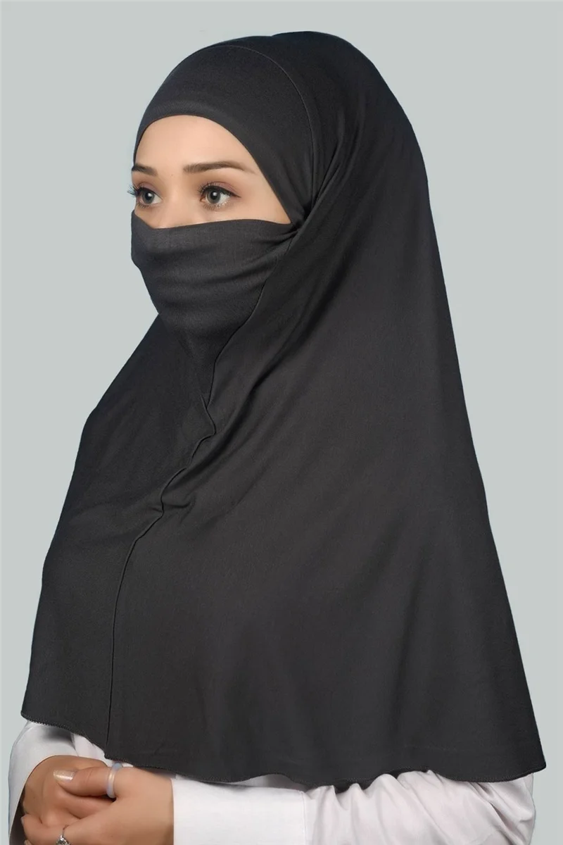 التوبة Ready-made Turban Practical Scarf with Veil Hijab with Nikap - Prayer Cover Soufflé (Xl) - Smoked