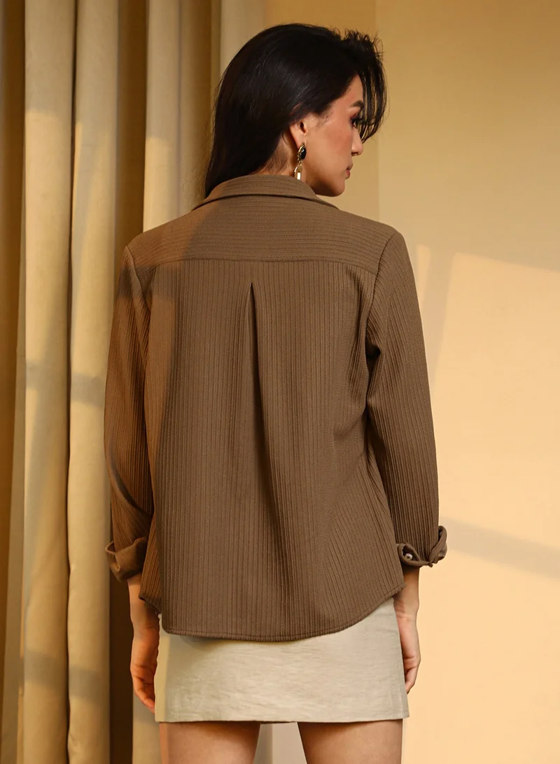 PINACOLADA  Women's Mocha Brown Ribbed Striped Shirt For Casual Wear | Spread Collar | Long Sleeve | Button Closure | Shirt Designed With Comfortable Fit For Woman & Girls for Women | Best Price UAE