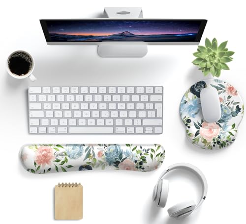Mechanical Cattle Green Blue Pink Floral Mouse Pad Wrist Support Keyboard Wrist Rest Set Ergonomic Mouse Pad with NonSlip Pu Base for Computer Office Comfortable Mouse Wrist Rest Easy Typing Pain Relief Mouse Pad - Image 3