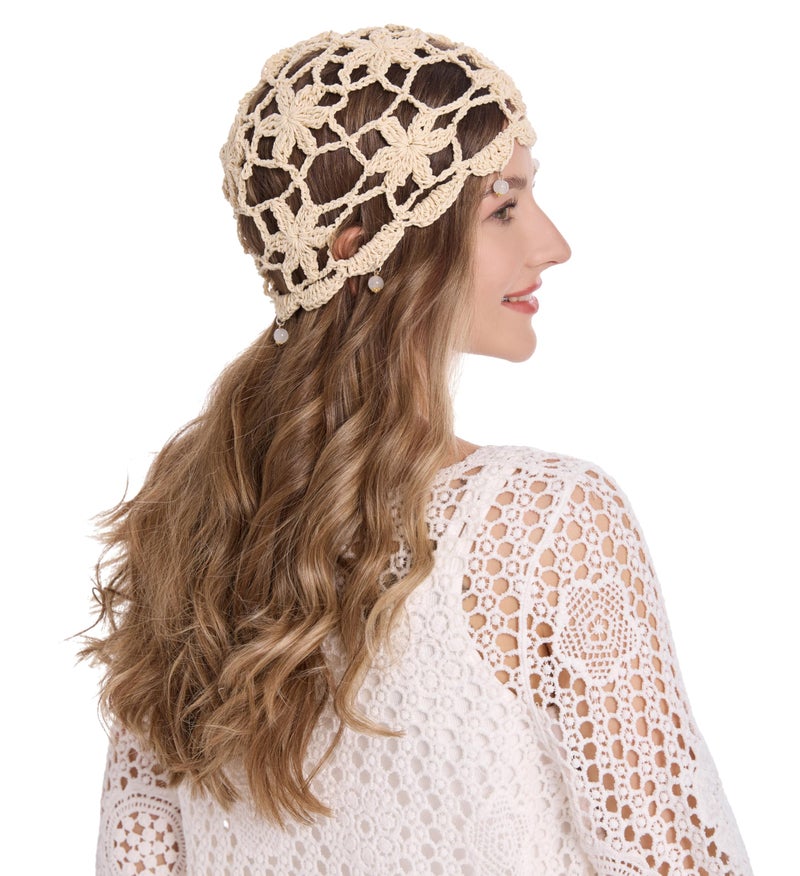 ZLYC Women Cotton Crochet Skull Cap Handmade Knit Cutout Floral Beanie Hat, Beads Beige - Image 4