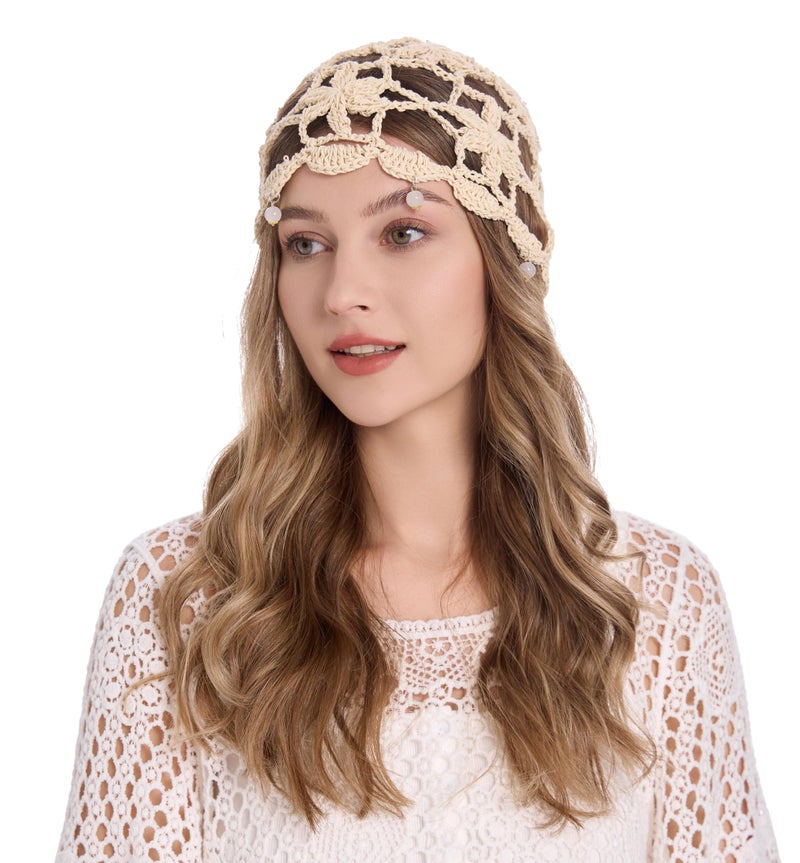 ZLYC Women Cotton Crochet Skull Cap Handmade Knit Cutout Floral Beanie Hat, Beads Beige - Image 1