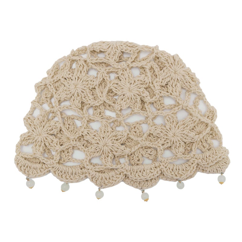 ZLYC Women Cotton Crochet Skull Cap Handmade Knit Cutout Floral Beanie Hat, Beads Beige - Image 5