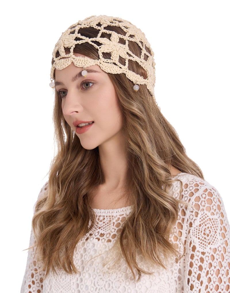 ZLYC Women Cotton Crochet Skull Cap Handmade Knit Cutout Floral Beanie Hat, Beads Beige - Image 3