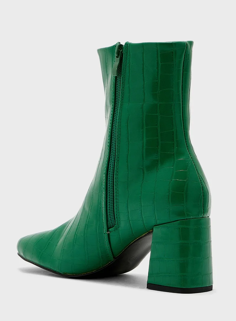 Ginger Block Heel Croc Effect Bootgreen