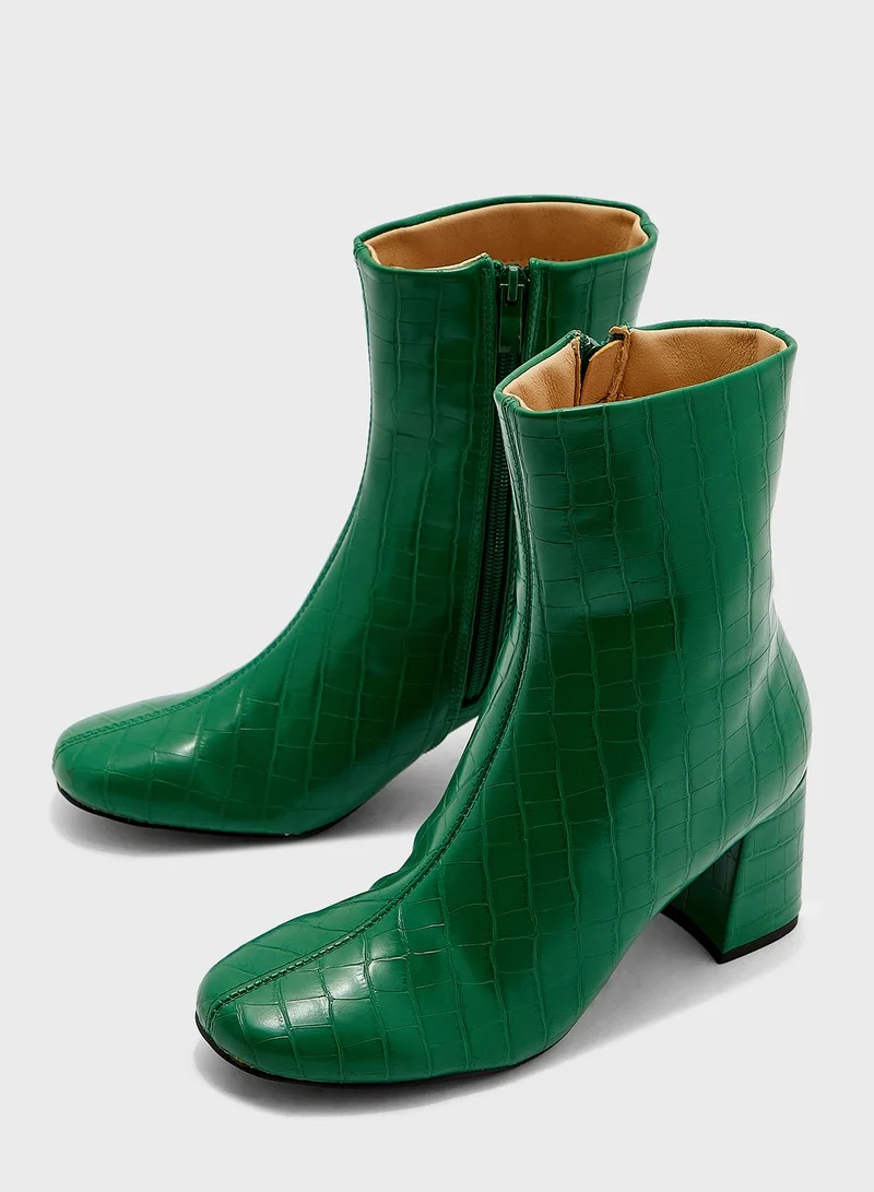Ginger Block Heel Croc Effect Bootgreen