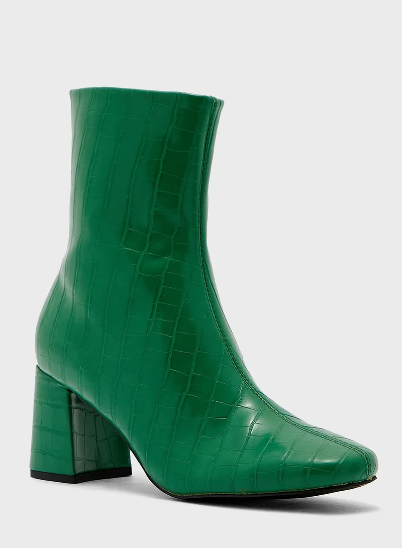 Ginger Block Heel Croc Effect Bootgreen
