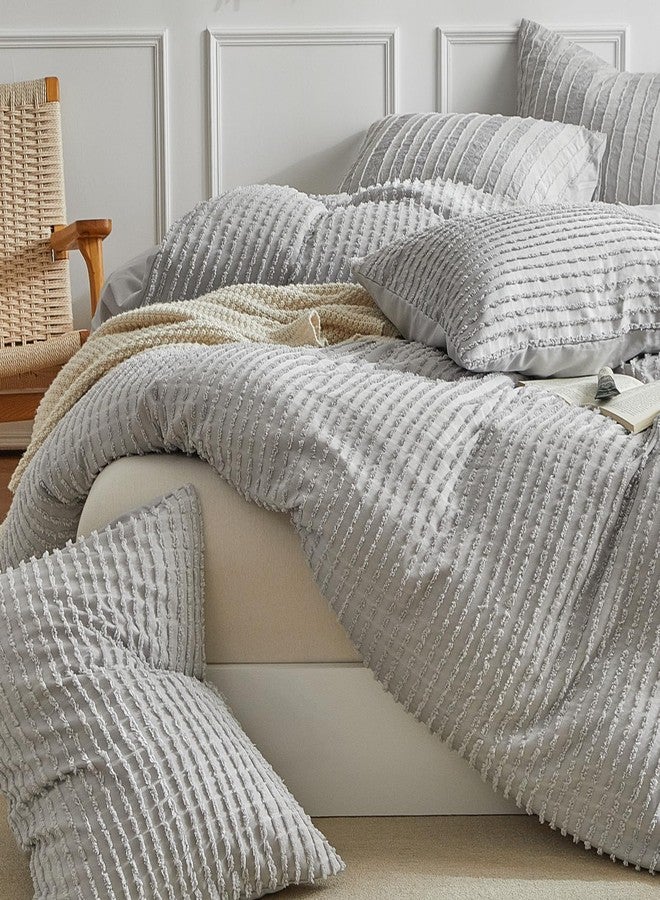 WARMDERN Boho Duvet Cover Set Queen Size,Grey Striped Duvet Cover Microfiber Bedding Set,3PCS Ultra Soft Breathable Lightweight Tuft Texture Pattern Duvet Covers with Zipper Closure(Grey,Queen) - Image 2